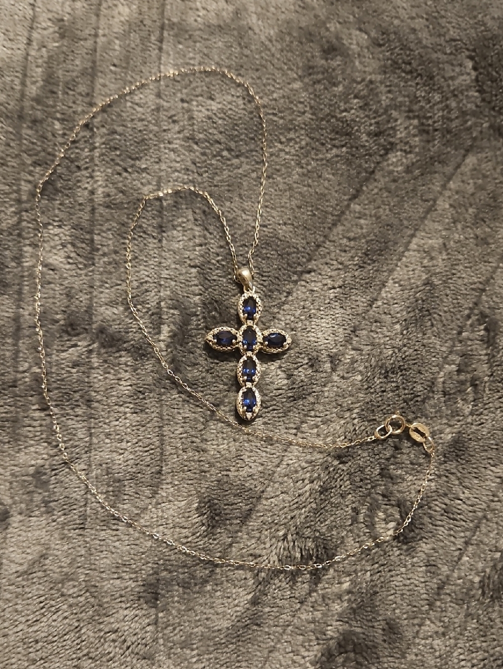 925 Gold Cross Necklace with Blue Gemstones